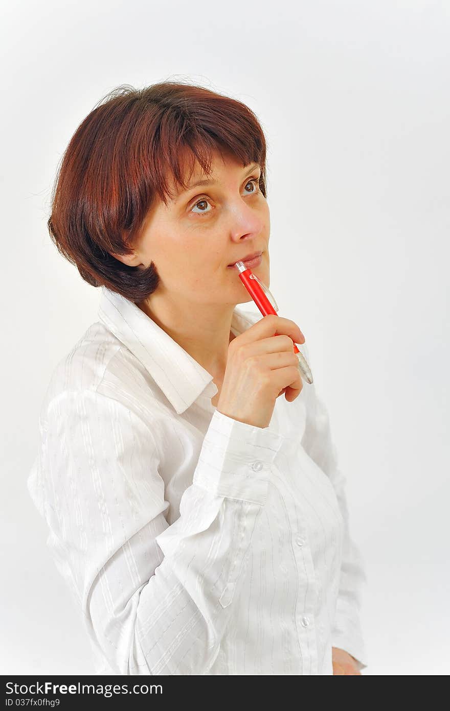 Woman in business suit, thinking isoalted on white