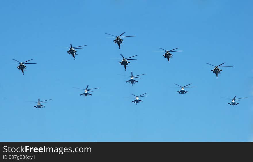 These helicopters were flying in Moscow, Russia, during Victory Day parade in 2010. These helicopters were flying in Moscow, Russia, during Victory Day parade in 2010.