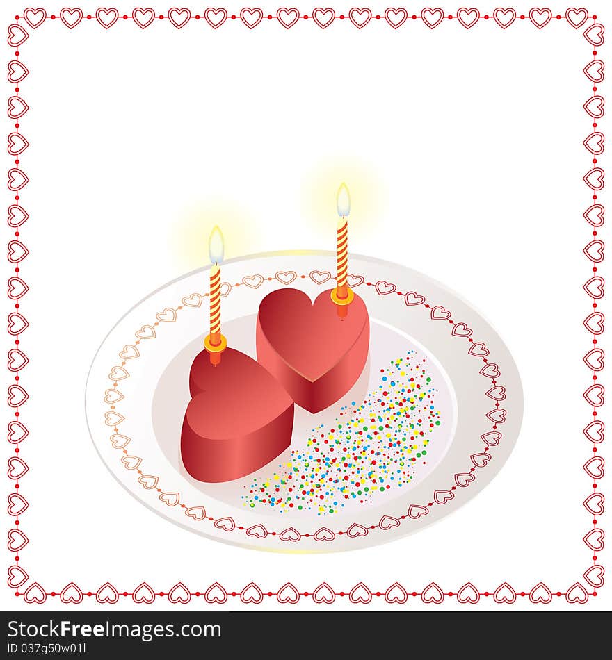 Two Cakes In The Form Of Heart With Candles