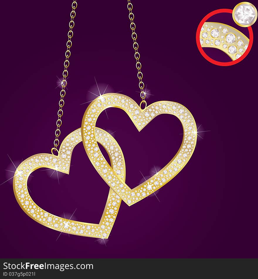 Bright Romantic Background With Two Golden Hearts