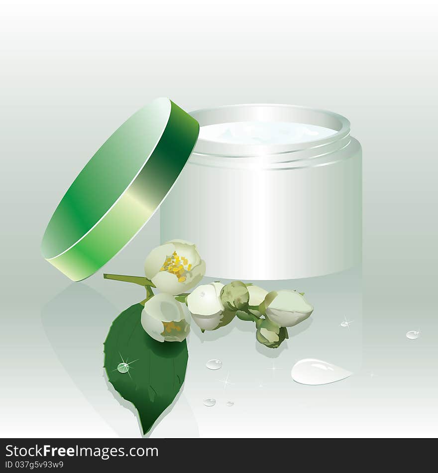 Green jar with cream and beautiful flowers on a glass background