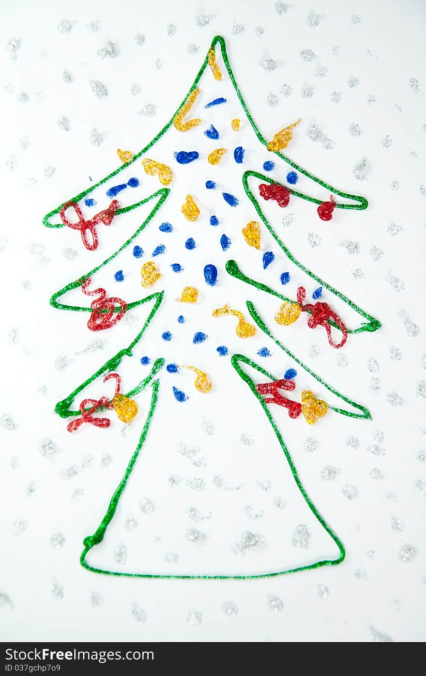 Christmas tree kids draw from glue colure