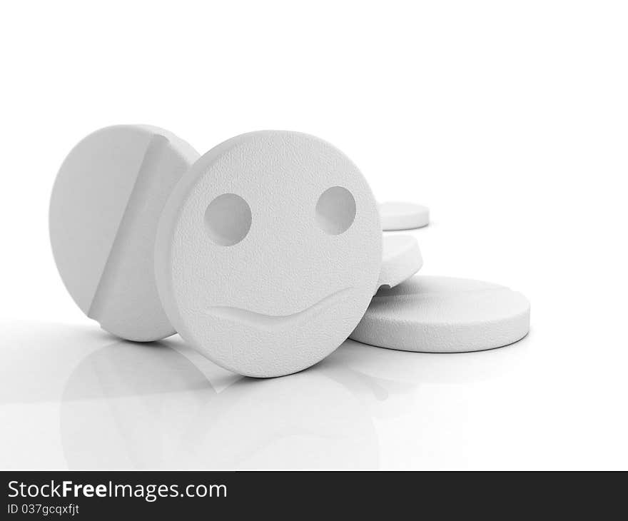 Some white tablets with smiling one. Some white tablets with smiling one