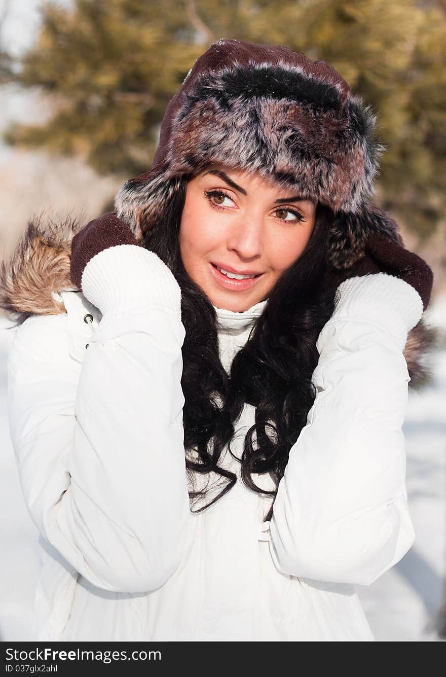 Beautiful Girl On A Walk In A Winter Park,