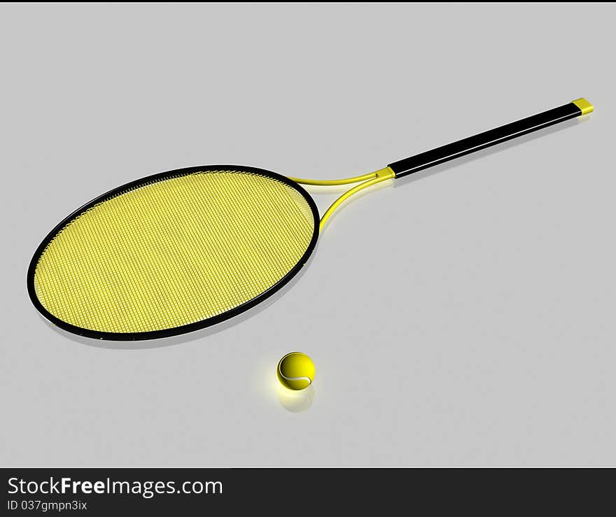 Racquet and ball on the reflecting surface. Racquet and ball on the reflecting surface