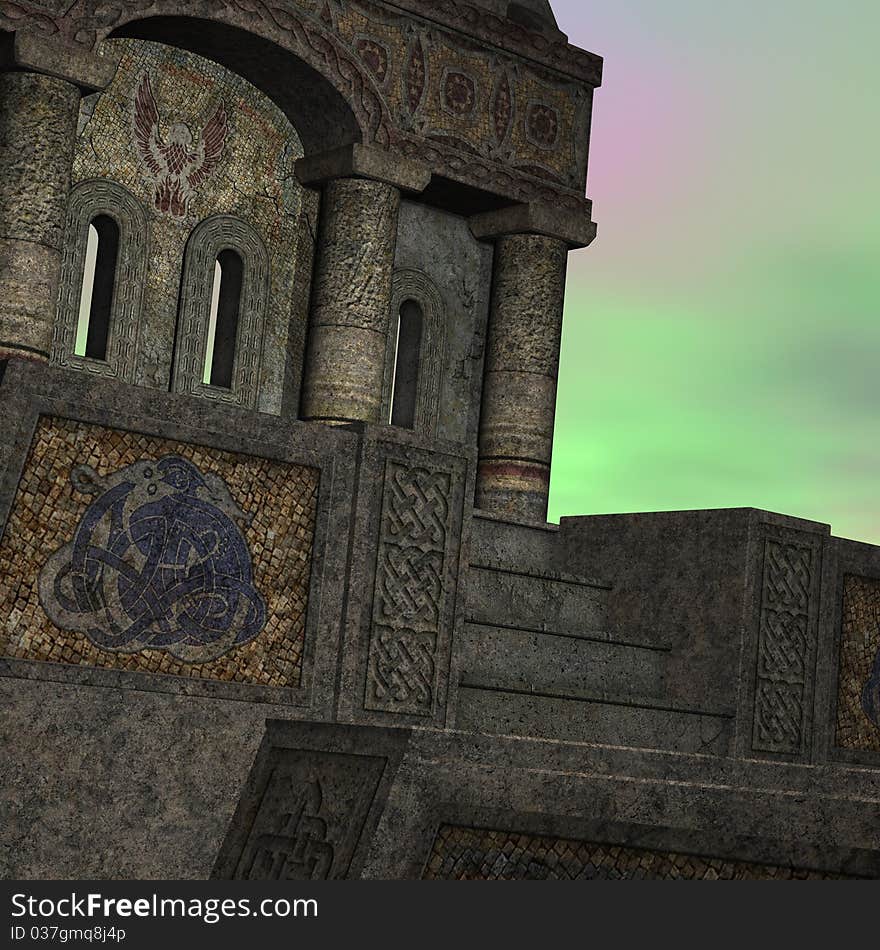 Fantasy temple at dawn. 3D rendering of a fantasy theme for background usage.