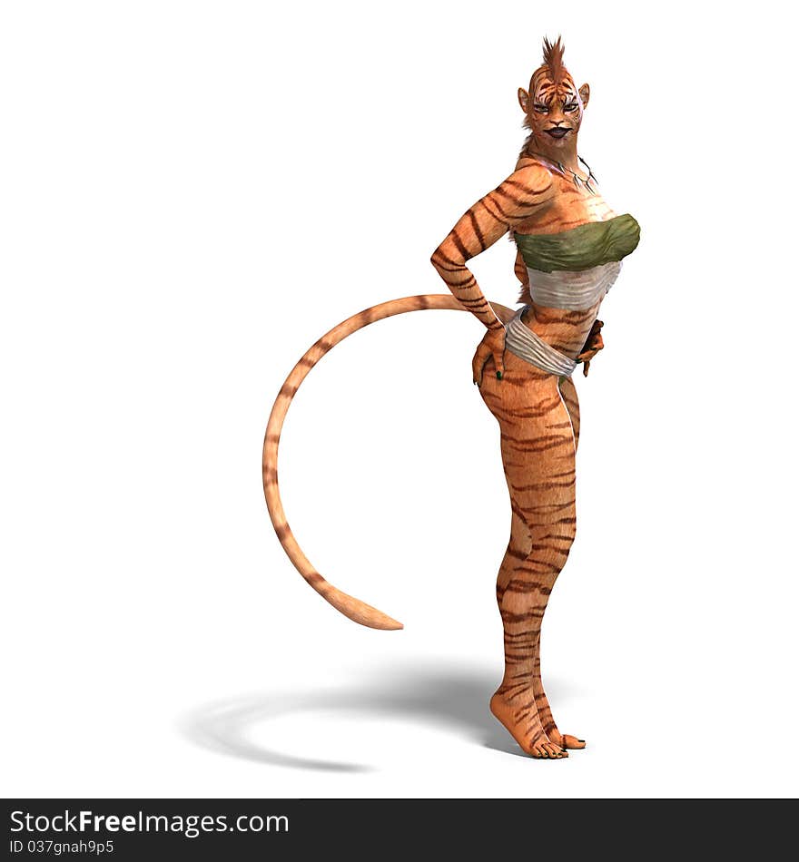 Female Fantasy Figure Tiger. 3D rendering with clipping path and shadow over white