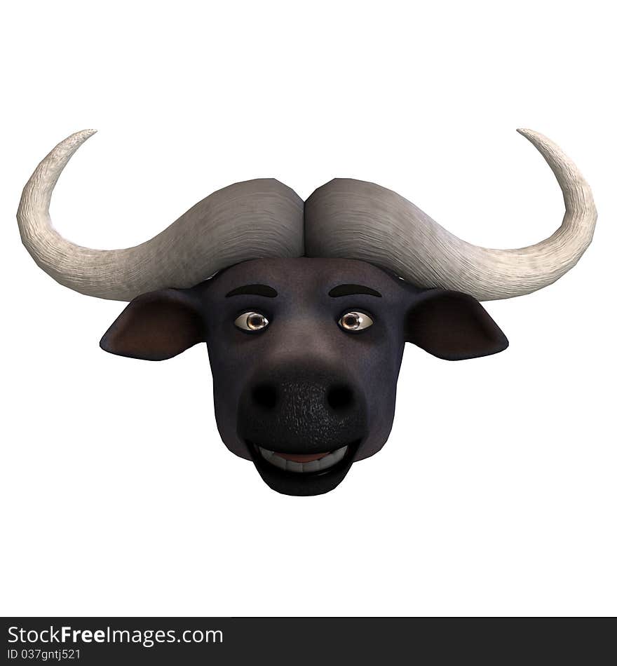 Very cute and funny cartoon buffalo. 3D rendering with clipping path and shadow over white