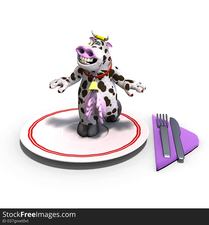 Cute and funny toon cow served on a dish as a