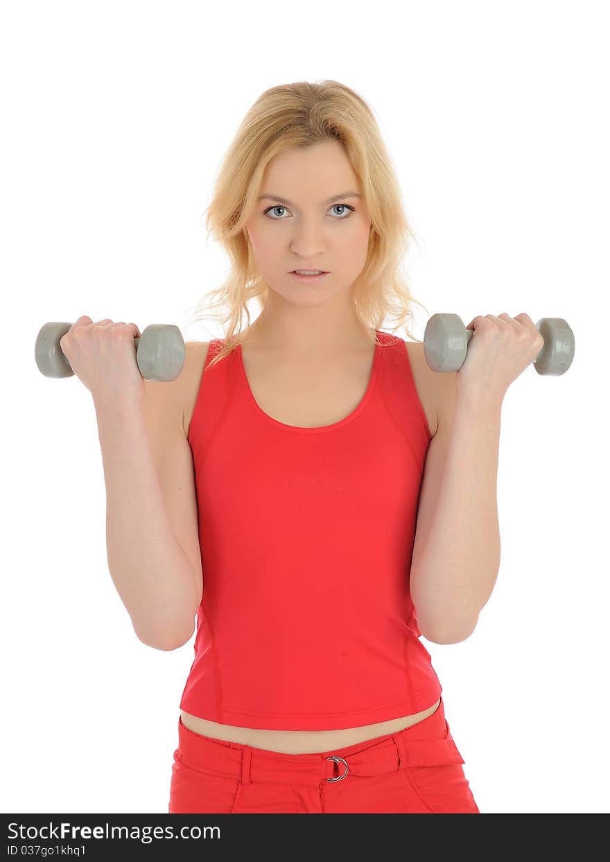 Portrait of fitness woman working out with free weights. isolated on white background