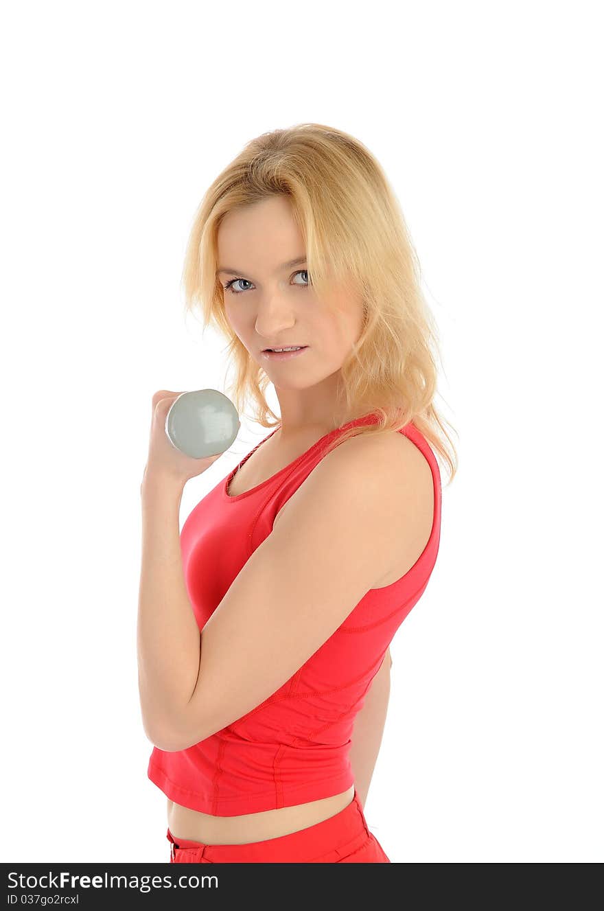 Portrait of fitness woman working out with free weights. isolated on white background