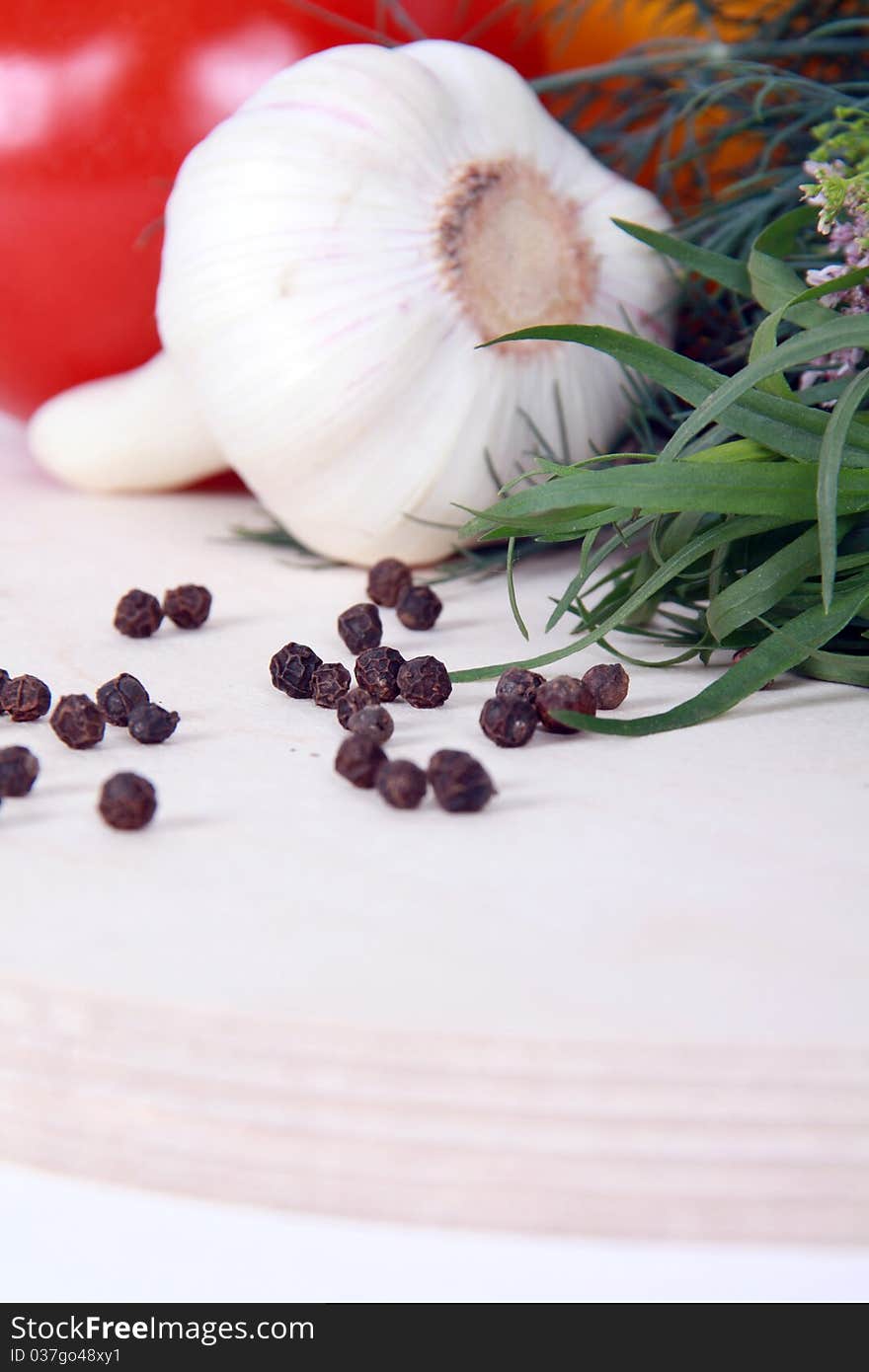 Fresh vegetables and Peppercorn on wooden surface. Fresh vegetables and Peppercorn on wooden surface