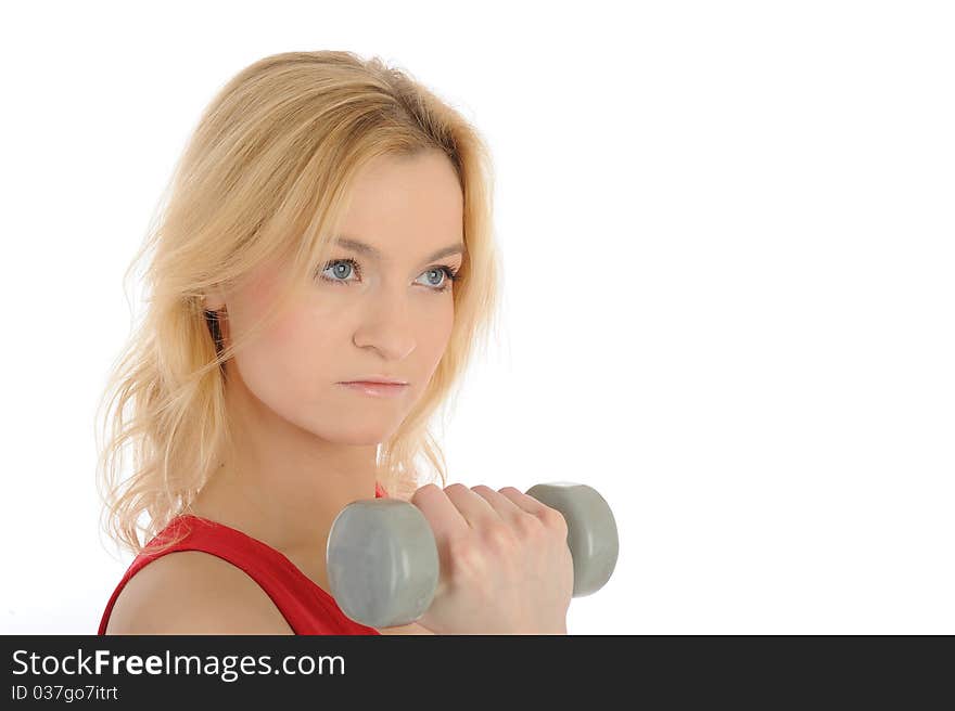 Portrait of fitness woman working out with free weights. isolated on white background