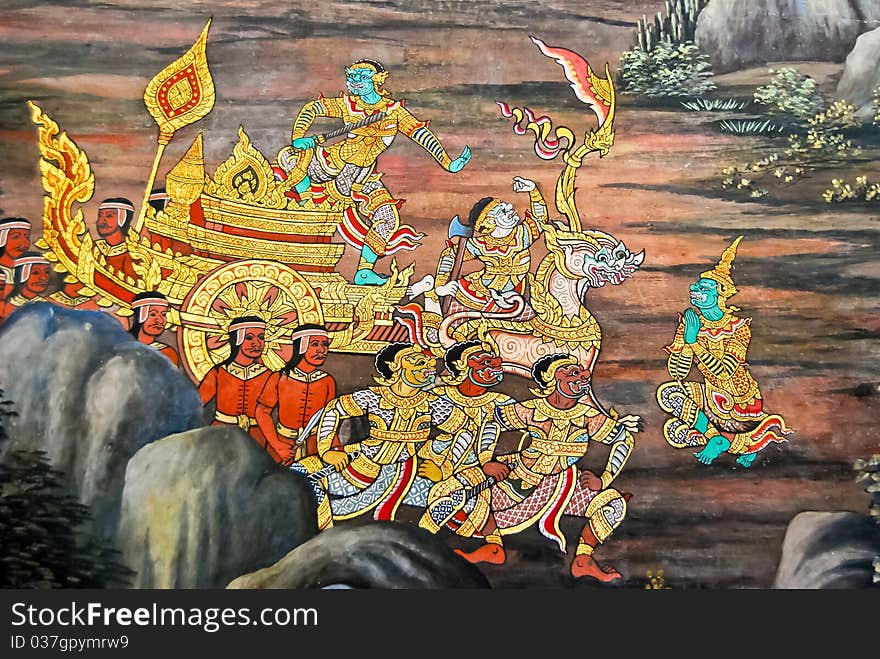 Beautiful Scene Painted on a Temple Wall at Grand Palace, Bangkok, Thailand. , also know as Thai Ancient Art. This image is about the demon war.