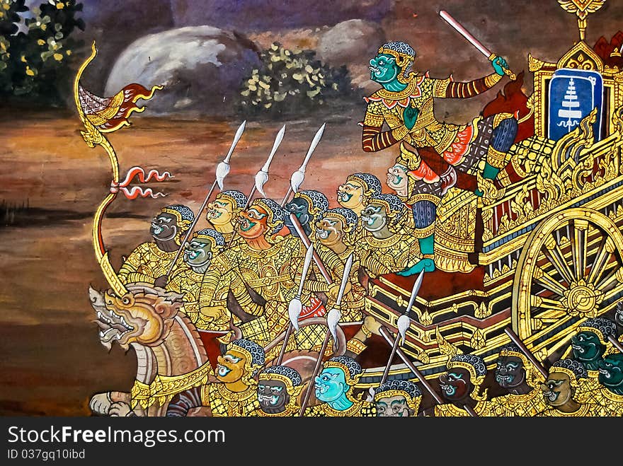 Beautiful Scene Painted on a Temple Wall at Grand Palace, Bangkok, Thailand. , also know as Thai Ancient Art. This image is about the demon war.