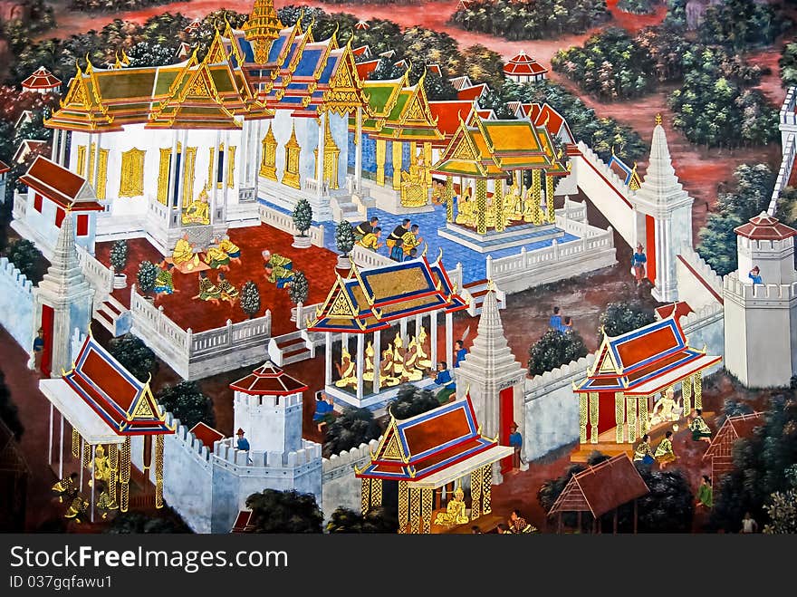 Beautiful Scene Painted on a Temple Wall at Grand Palace, Bangkok, Thailand. , also know as Thai Ancient Art.