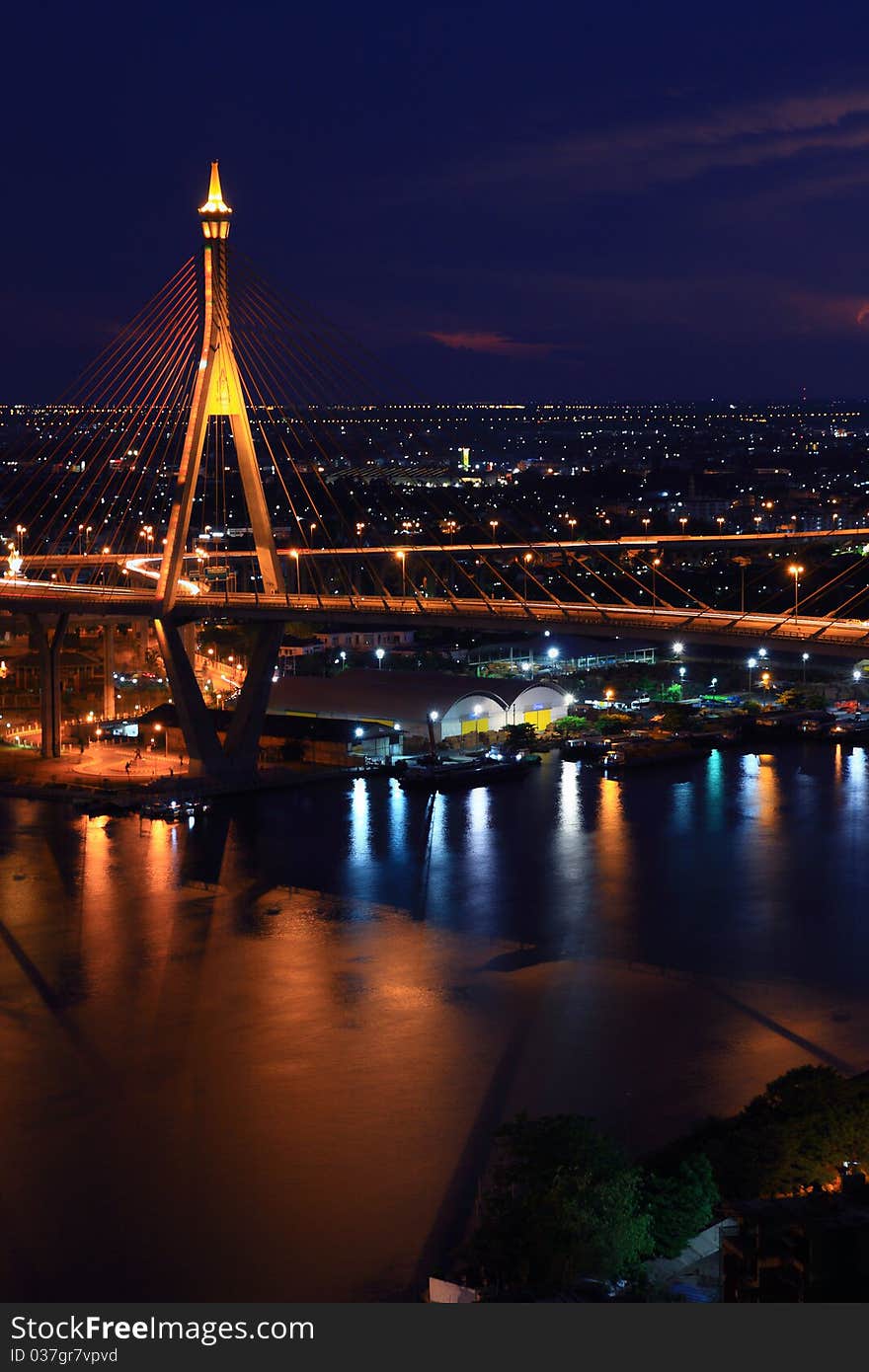 Bhumibol Bridge at night with light