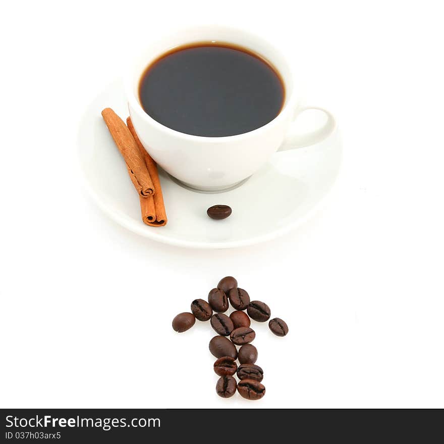 White coffee cup and pointing arrow made of coffee beans isolated on white. White coffee cup and pointing arrow made of coffee beans isolated on white