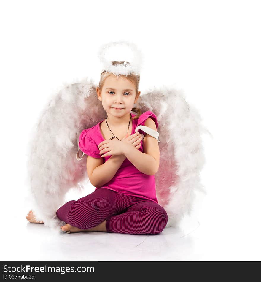 Beautiful girl in angel wings and nimbus isolated