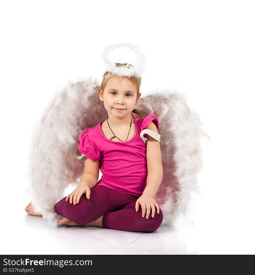 Beautiful girl in angel wings and nimbus isolated