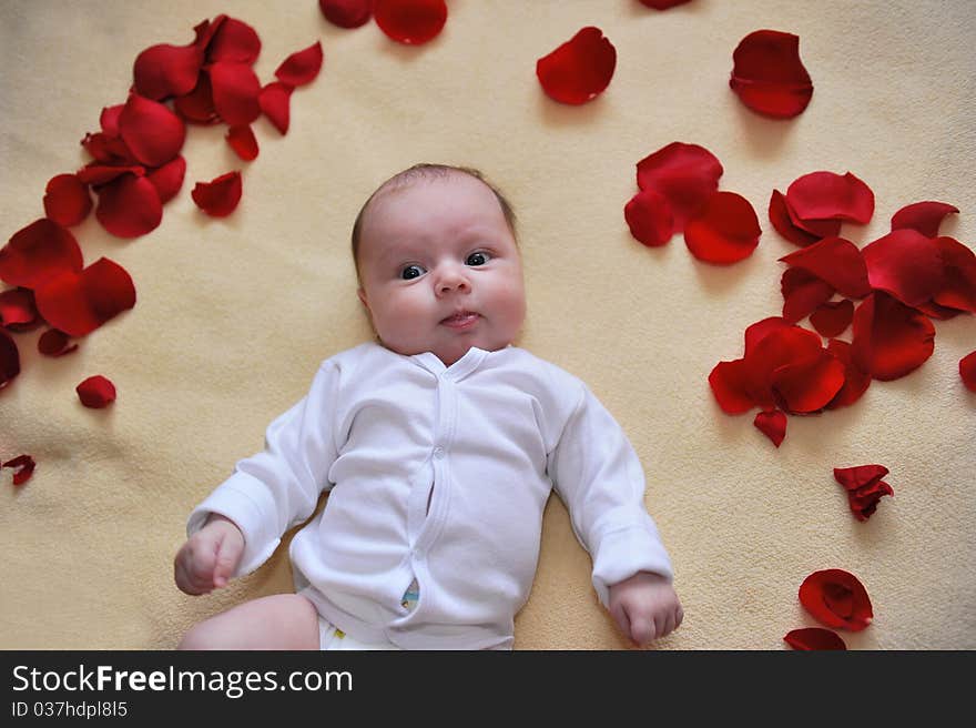 Portrait with little baby girl with roses around