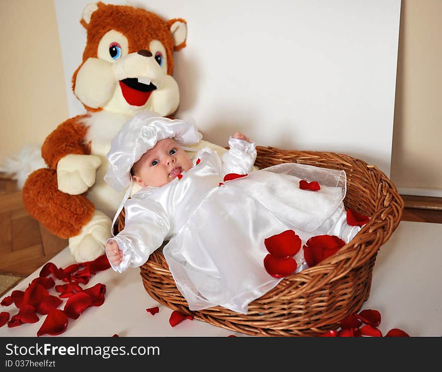 Portrait with little baby girl in a basket