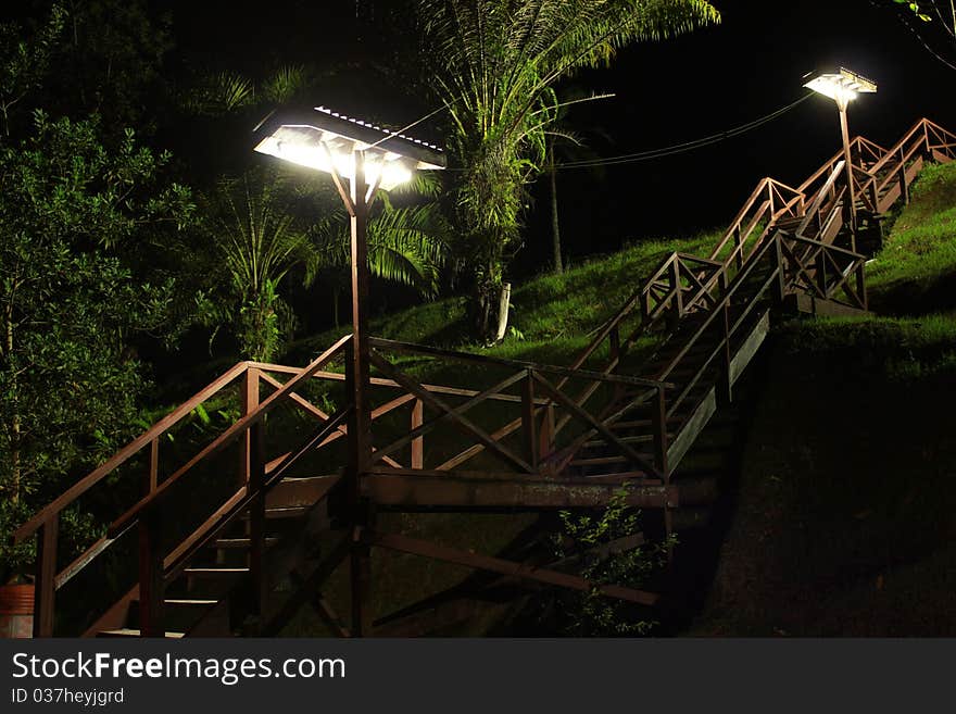 Wooden bridge at night