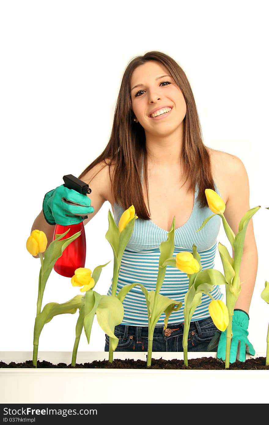 Beautiful brunette girl with fresh yellow tulips. Beautiful brunette girl with fresh yellow tulips