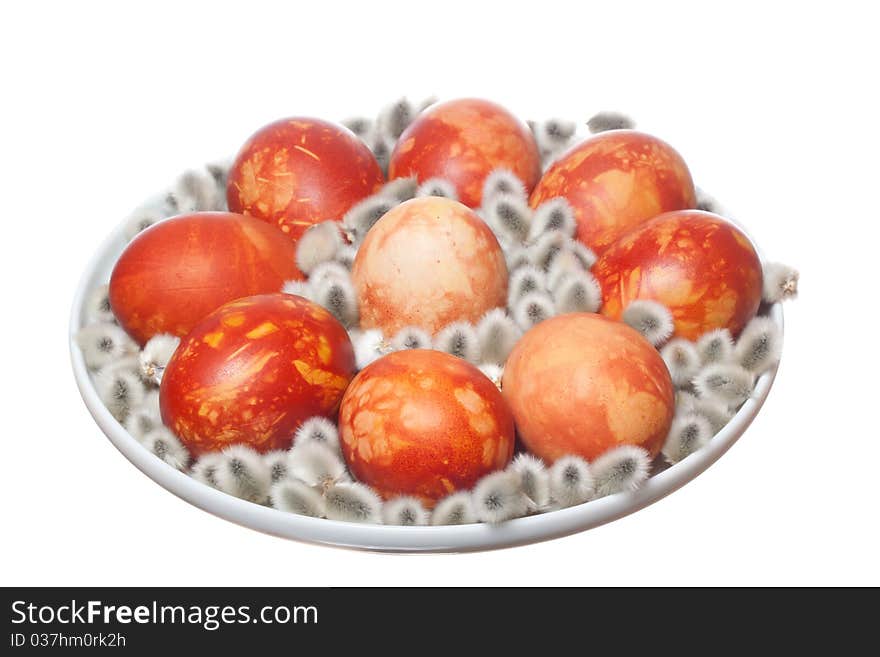 Red easter eggs and  pussy willow on plate with white isolated background. Red easter eggs and  pussy willow on plate with white isolated background