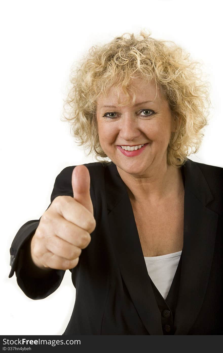 Thumbs up best aged female with curly hair