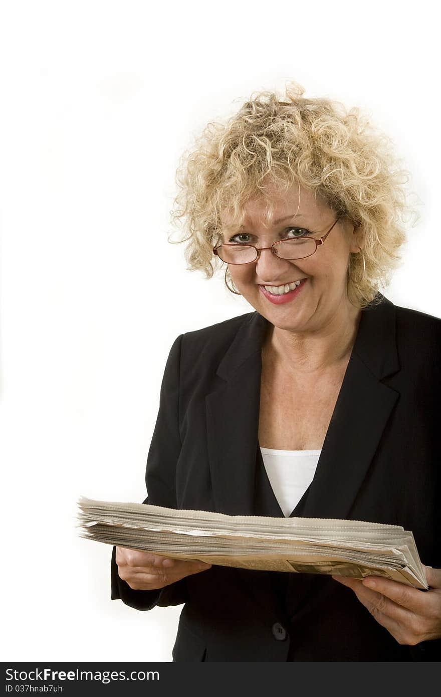 Isolated portrait of business lady in front of white with paper in hands. Isolated portrait of business lady in front of white with paper in hands