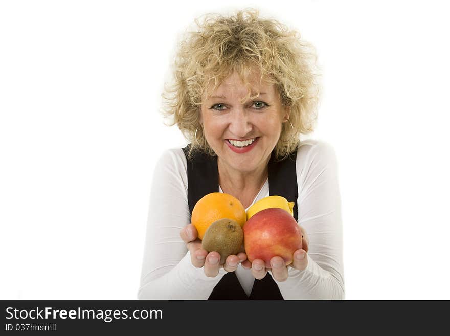 Female with curly hair and fruits