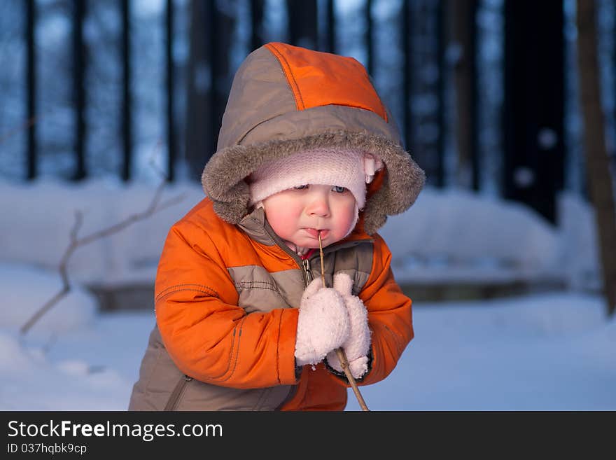 Adorable Baby Stay Near Branch Try To Bit It