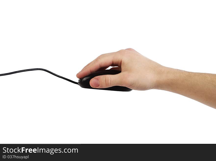 Black mouse and hand isolated on white background