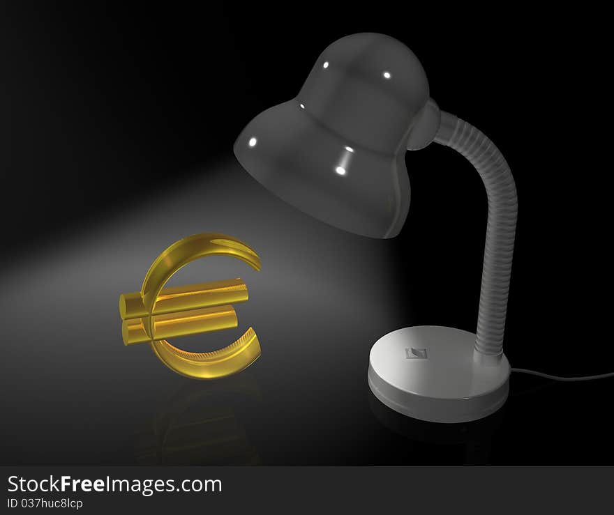 Lamp illuminate the gold Euro symbol on black background