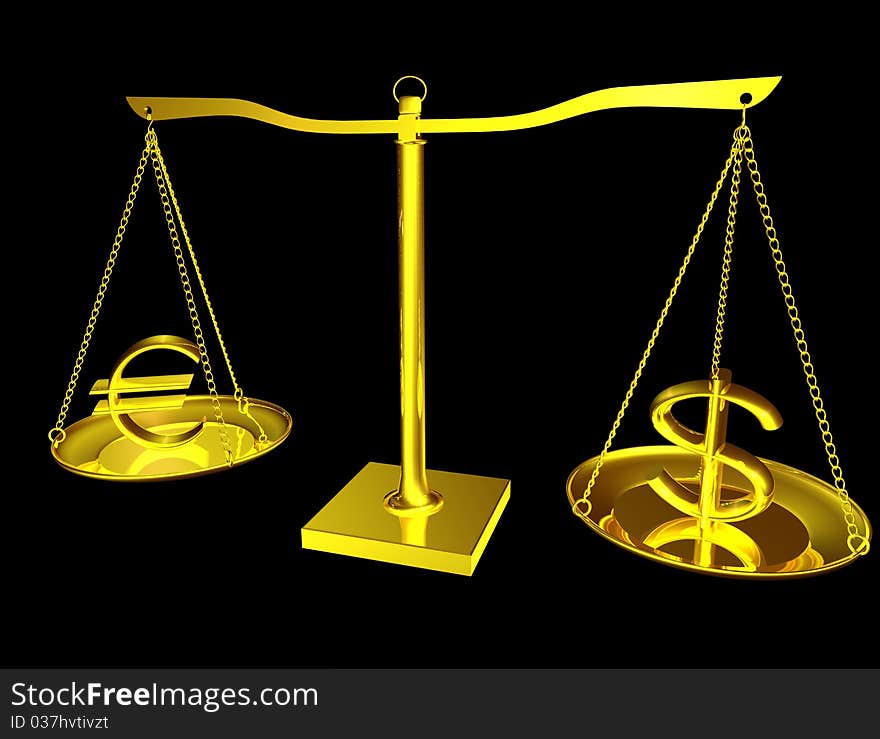 Euro and Dollar on gold balance on white isolated background. Euro and Dollar on gold balance on white isolated background