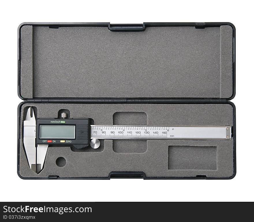 Digital caliper in black box isolated on white background