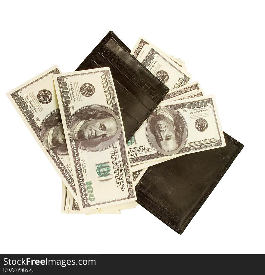 Black purse with lots of dollars