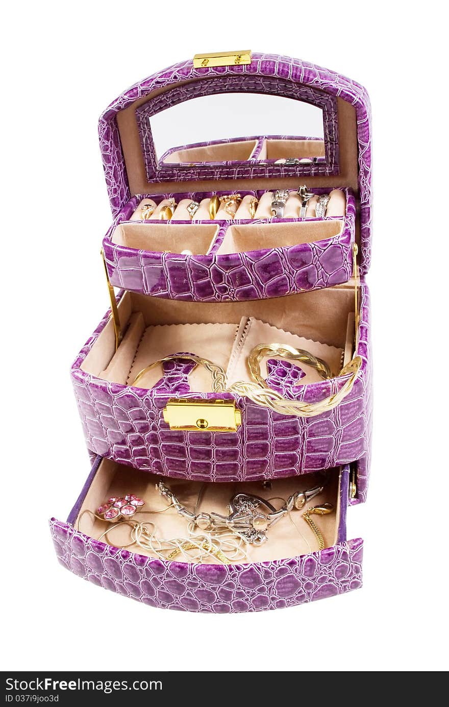 Lilac box with jewelry isolated on the white