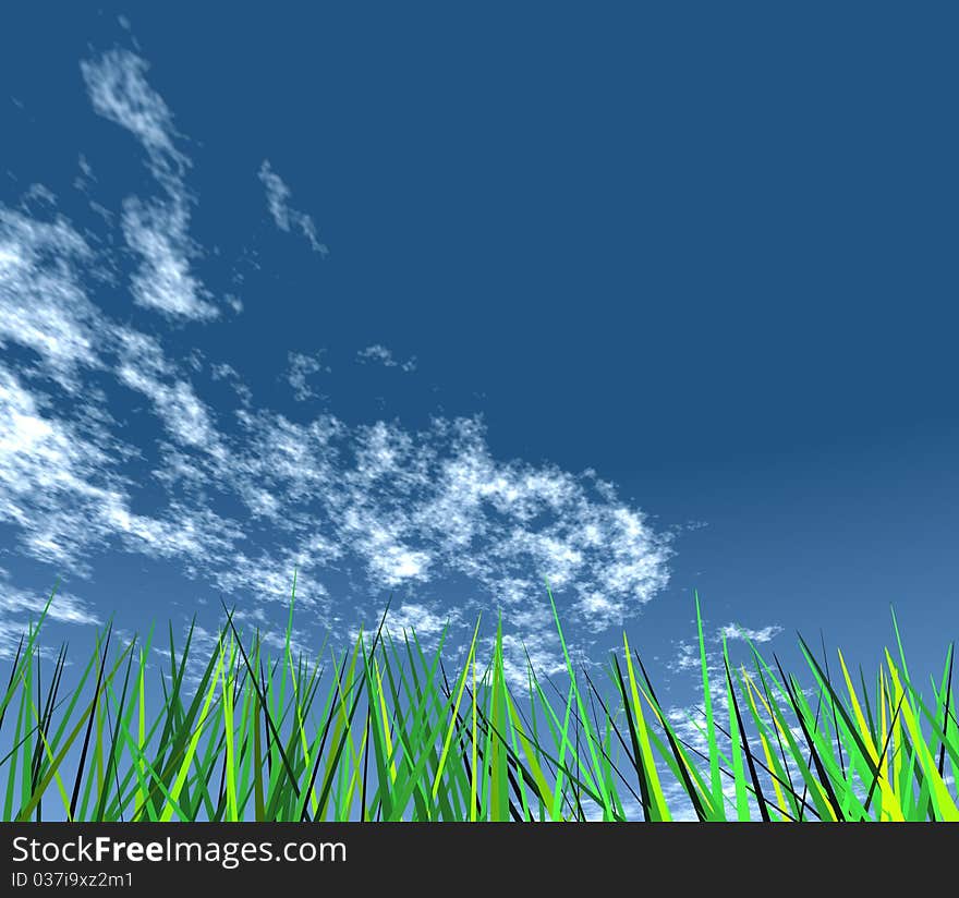 Lush green grass against the sky. 3d computer modeling