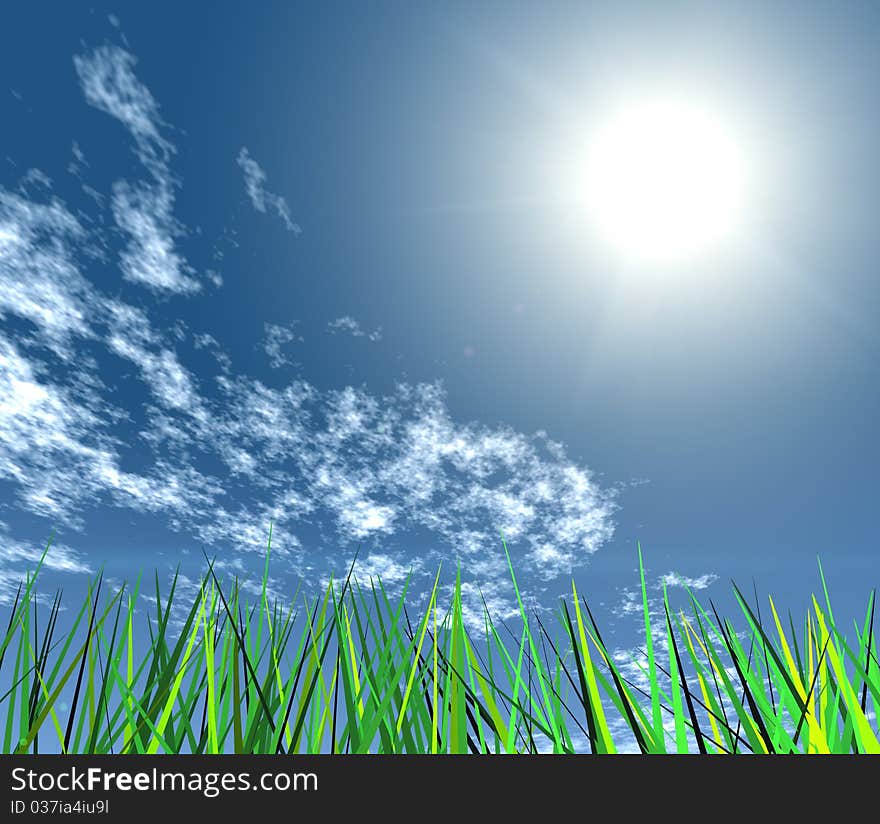 Lush green grass against the sunny sky. 3d computer modeling