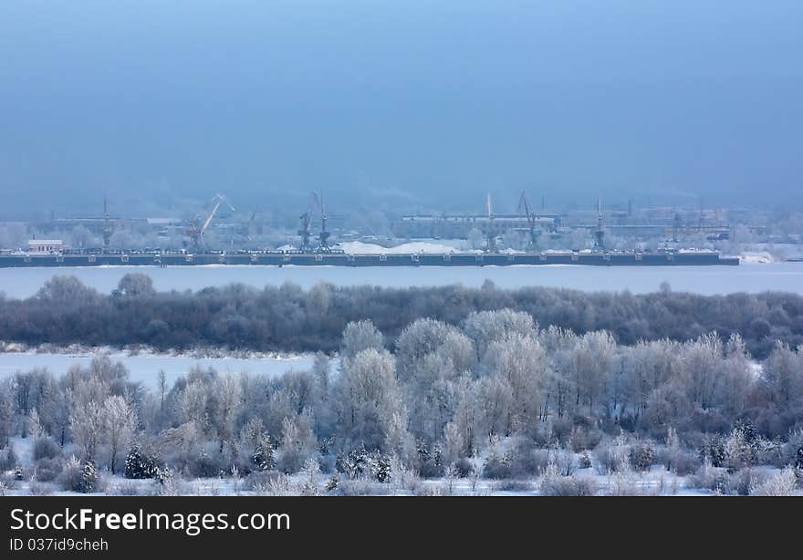 A port on a russian river Volga in the winter. A port on a russian river Volga in the winter