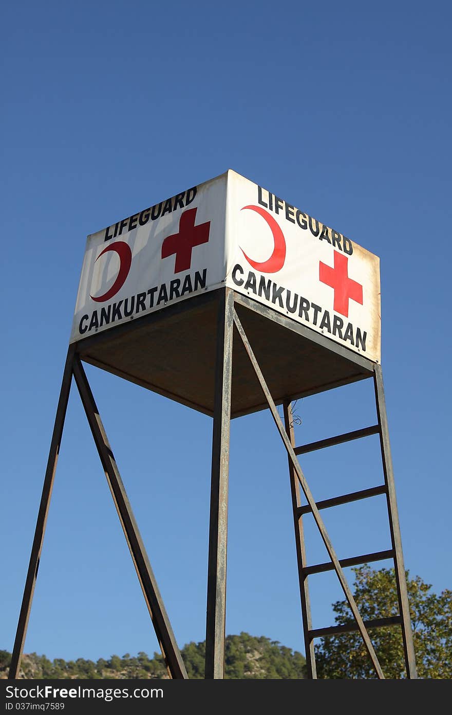 A Life Guard Station on a beach in Turkey with beautiful blue sky