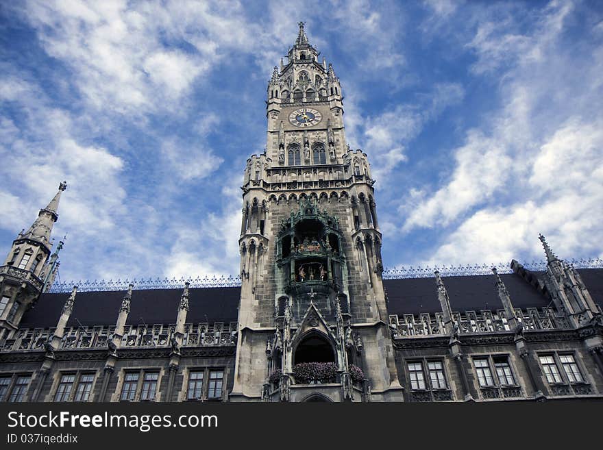 New city hall Marienplatz and Frauenkirche in Munich, Germany. New city hall Marienplatz and Frauenkirche in Munich, Germany