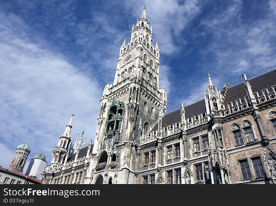 New city hall Marienplatz and Frauenkirche in Munich, Germany. New city hall Marienplatz and Frauenkirche in Munich, Germany