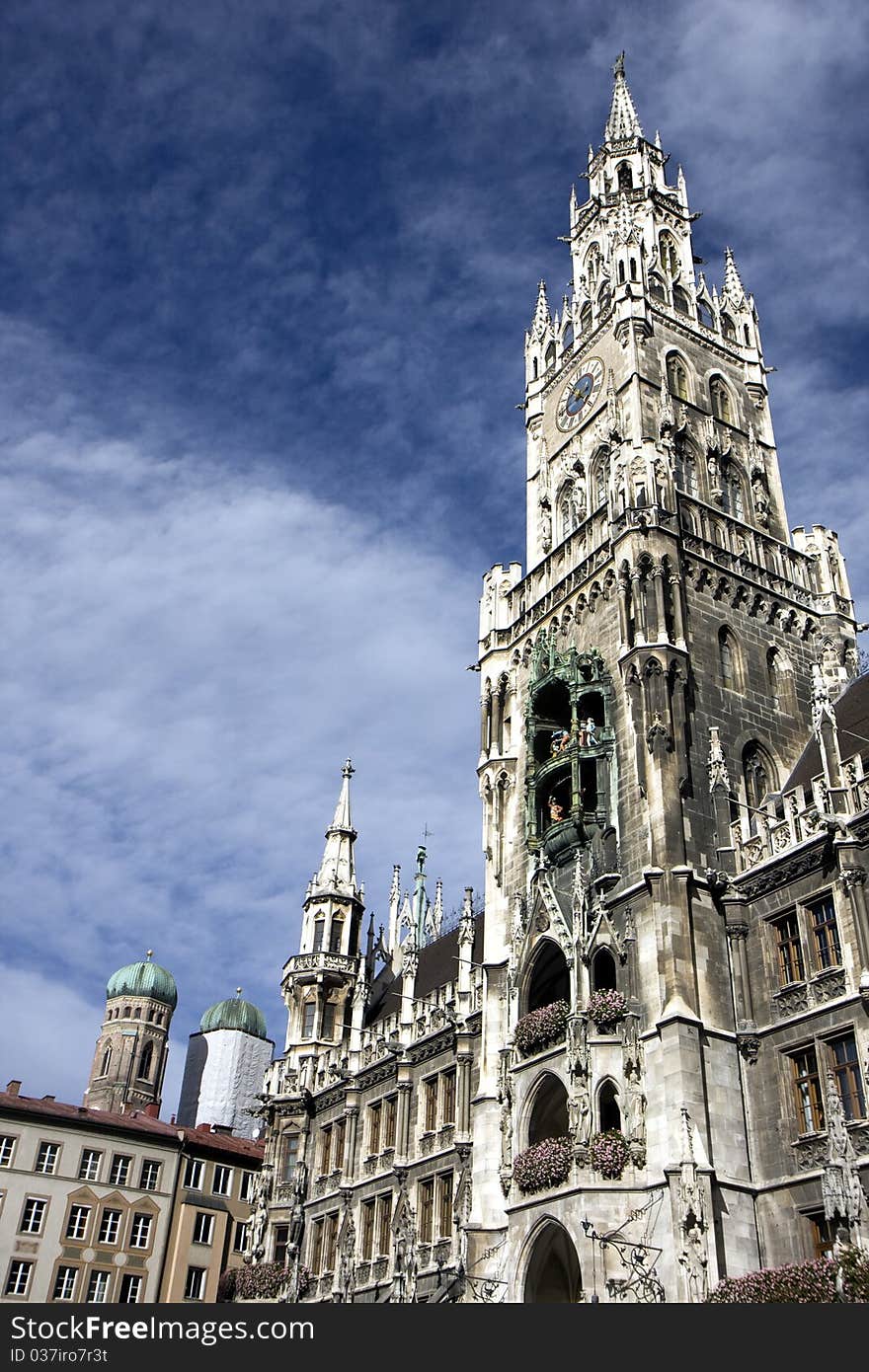 New city hall Marienplatz and Frauenkirche in Munich, Germany. New city hall Marienplatz and Frauenkirche in Munich, Germany