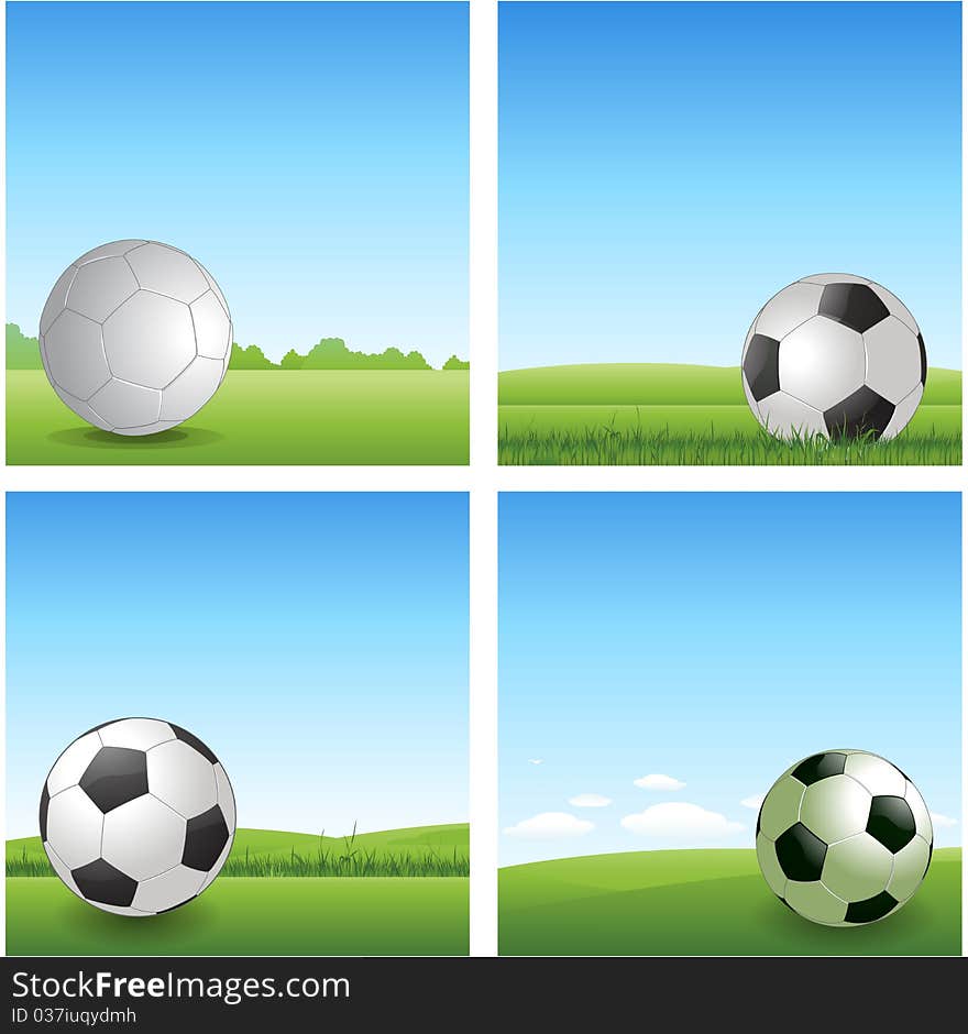 Soccer background illustration soccer ball in a green field landscape