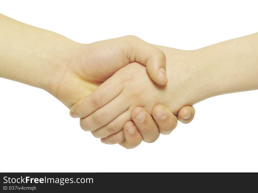 Closeup of two men shaking hands isolated over white. Closeup of two men shaking hands isolated over white