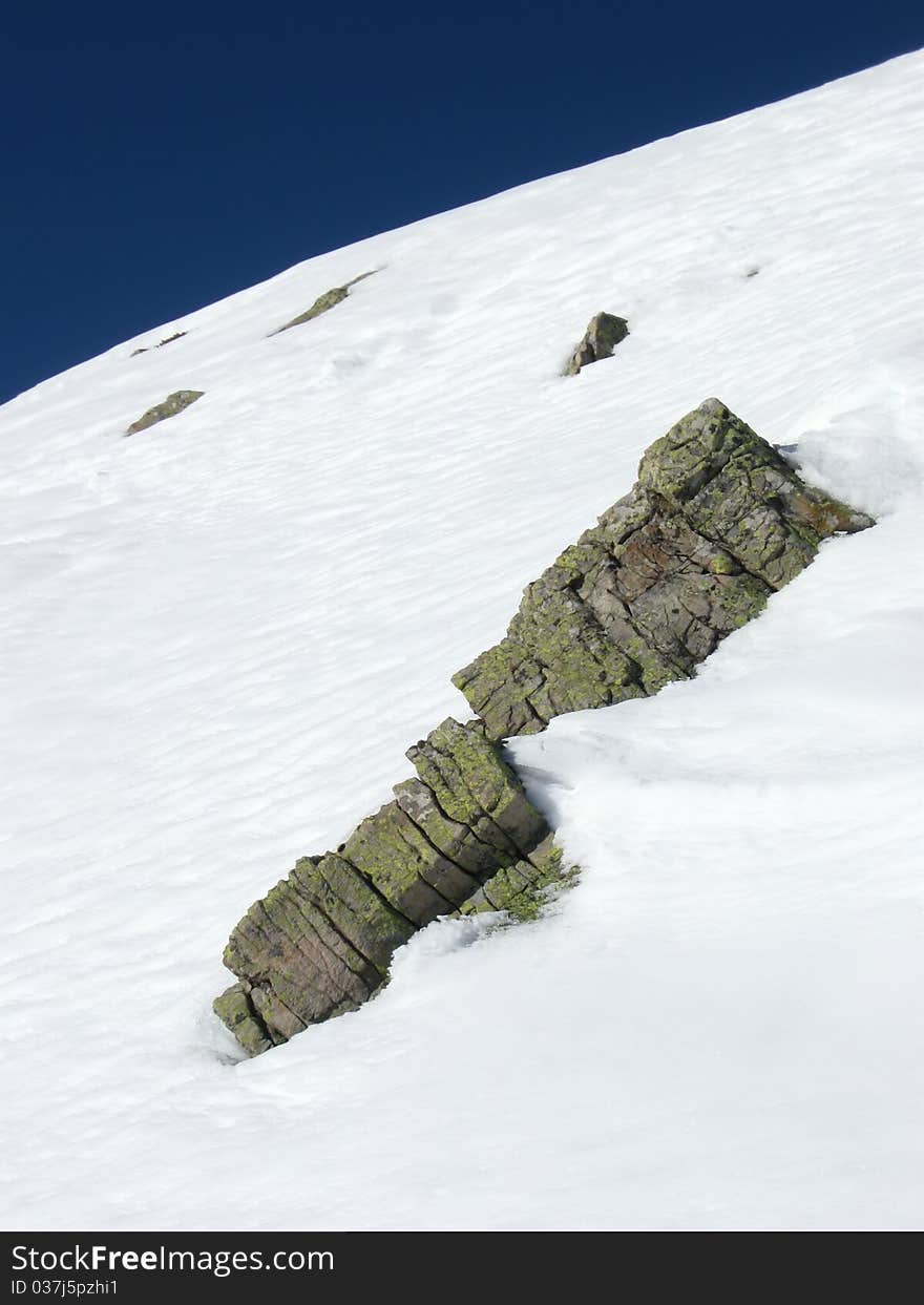 Rocks with lichens in snow. Rocks with lichens in snow