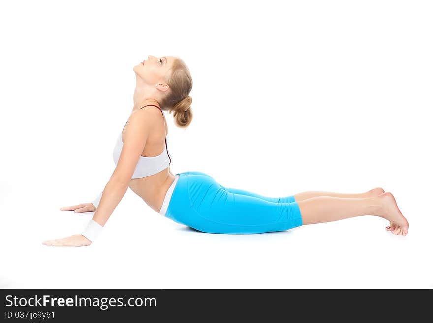 Women in fitness over white background with blond hair